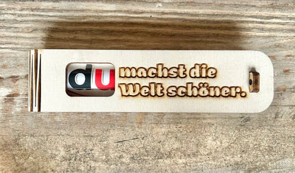 Holzgeschenkbox mit Gravur „Du machst die Welt schöner“ und Duplo Montagewürfel innen