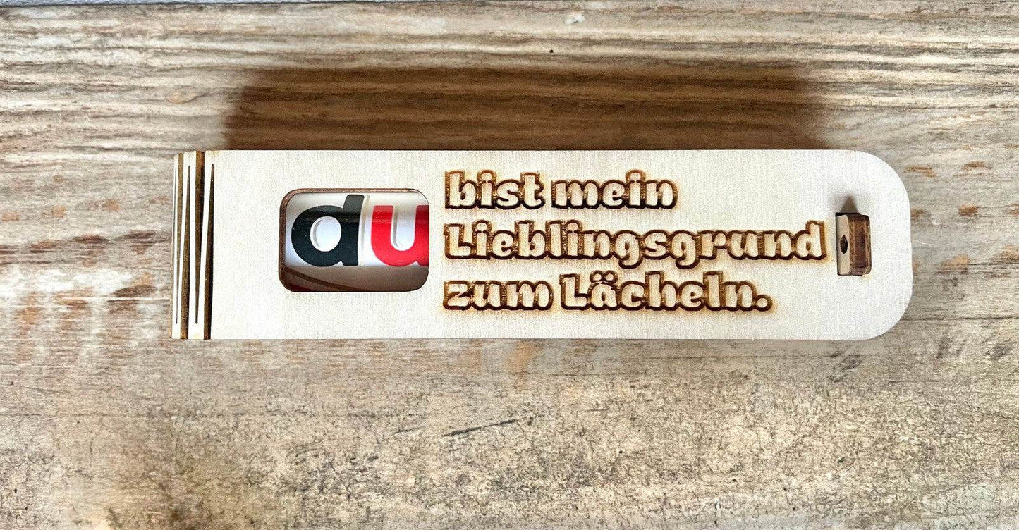 Duplo in der Box mit gravierter Holzgeschenkbox und romantischer Botschaft "Du bist mein Lieblingsgrund zum Lächeln"