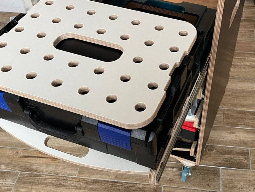 Hoher Rollcontainer mit Schubladen und integrierter Fräsvorrichtung, 120 cm Korpushöhe, modular und ergonomisch für Werkstatt und Garage