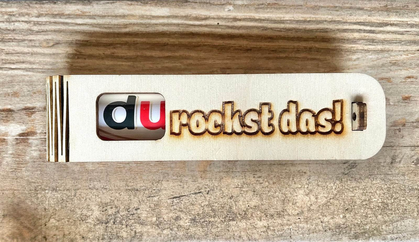 Motivierende Holz-Geschenkbox „Du rockst das“ mit Duplo als süße Überraschung, perfektes Geschenk für Unterstützung und Energie, Ein Spruch, der bewegt