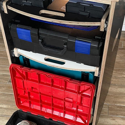 Hoher Rollcontainer mit 7 Schubladen, integrierter Fräsvorrichtung und 120 cm Korpushöhe für Werkstatt und Garage