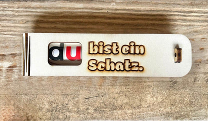 Gravierte Holzgeschenkbox "Du bist ein Schatz" mit Duplo Überraschung innen